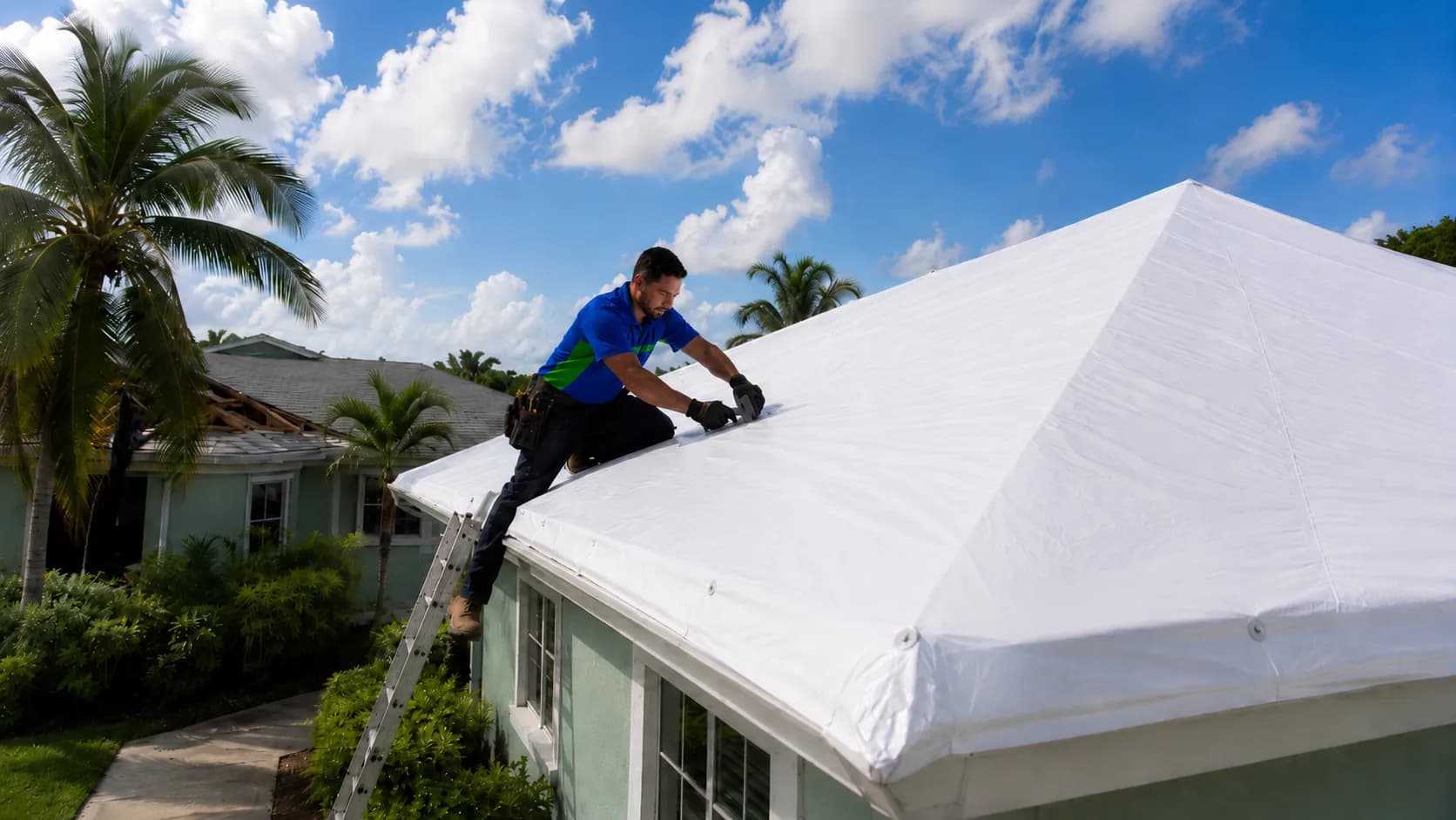 Synthetic roof wrap installed for emergency storm protection